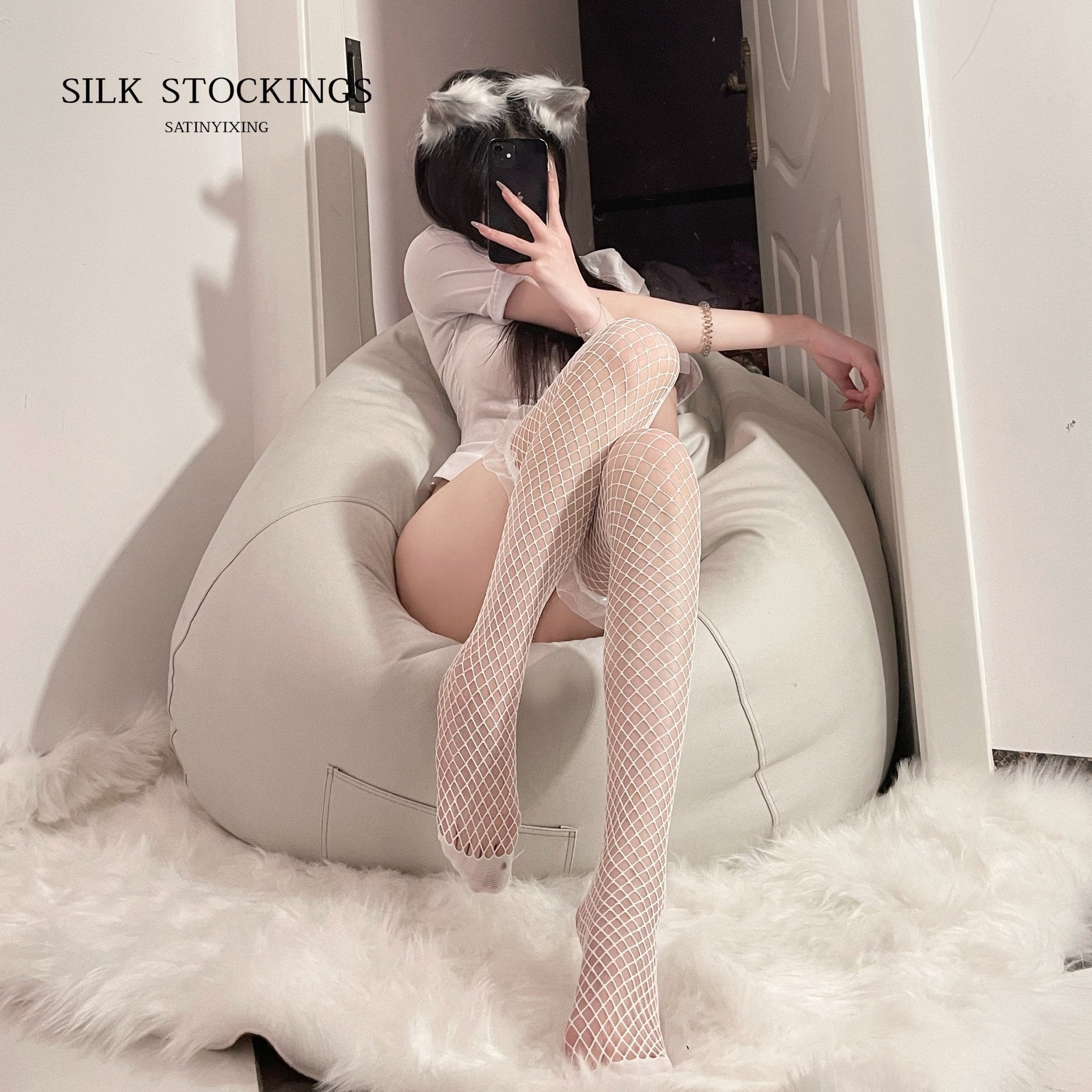 Half - knee stockings female sexy fishnet stockings black silk lace stockings anti - snagging white silk pure desire thigh socks - Satin Stockings