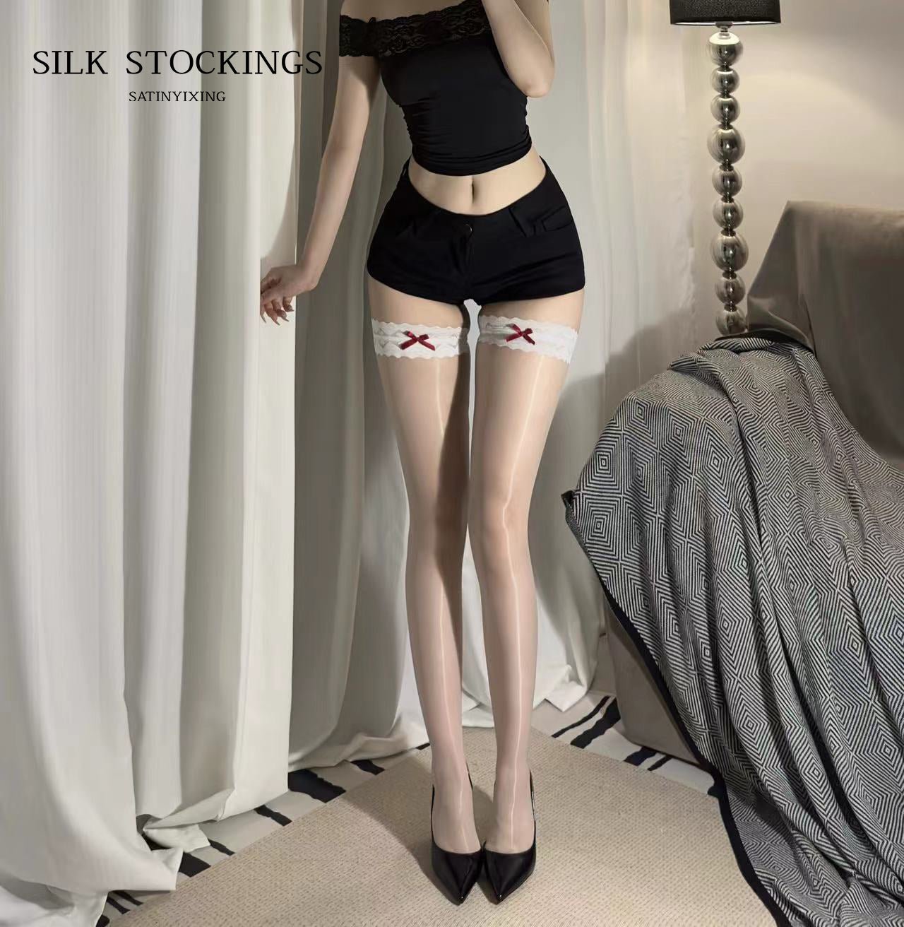 Red lace ultra - thin silky pure 3D white lace bow high stockings sexy knee socks for children. - Satin Stockings